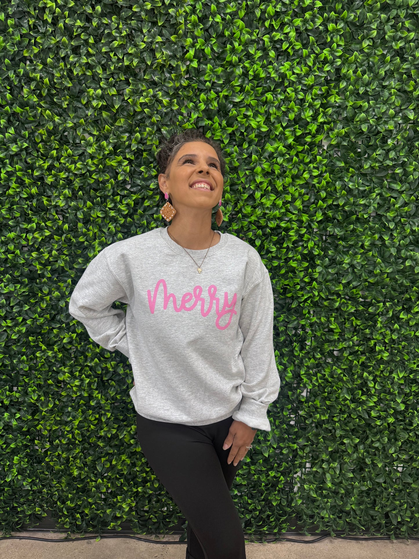 Merry, pink ink.  (ash sweatshirt)