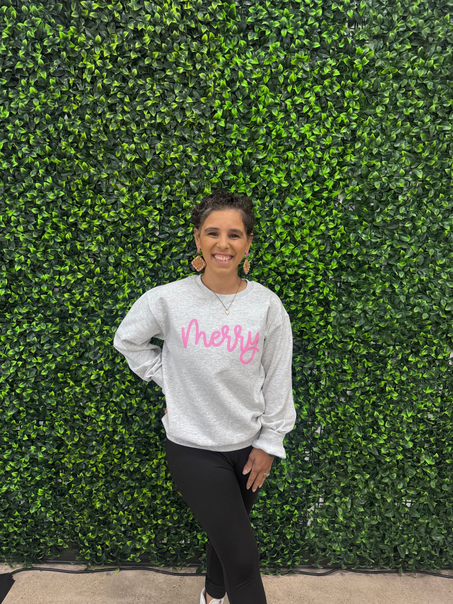 Merry, pink ink.  (ash sweatshirt)