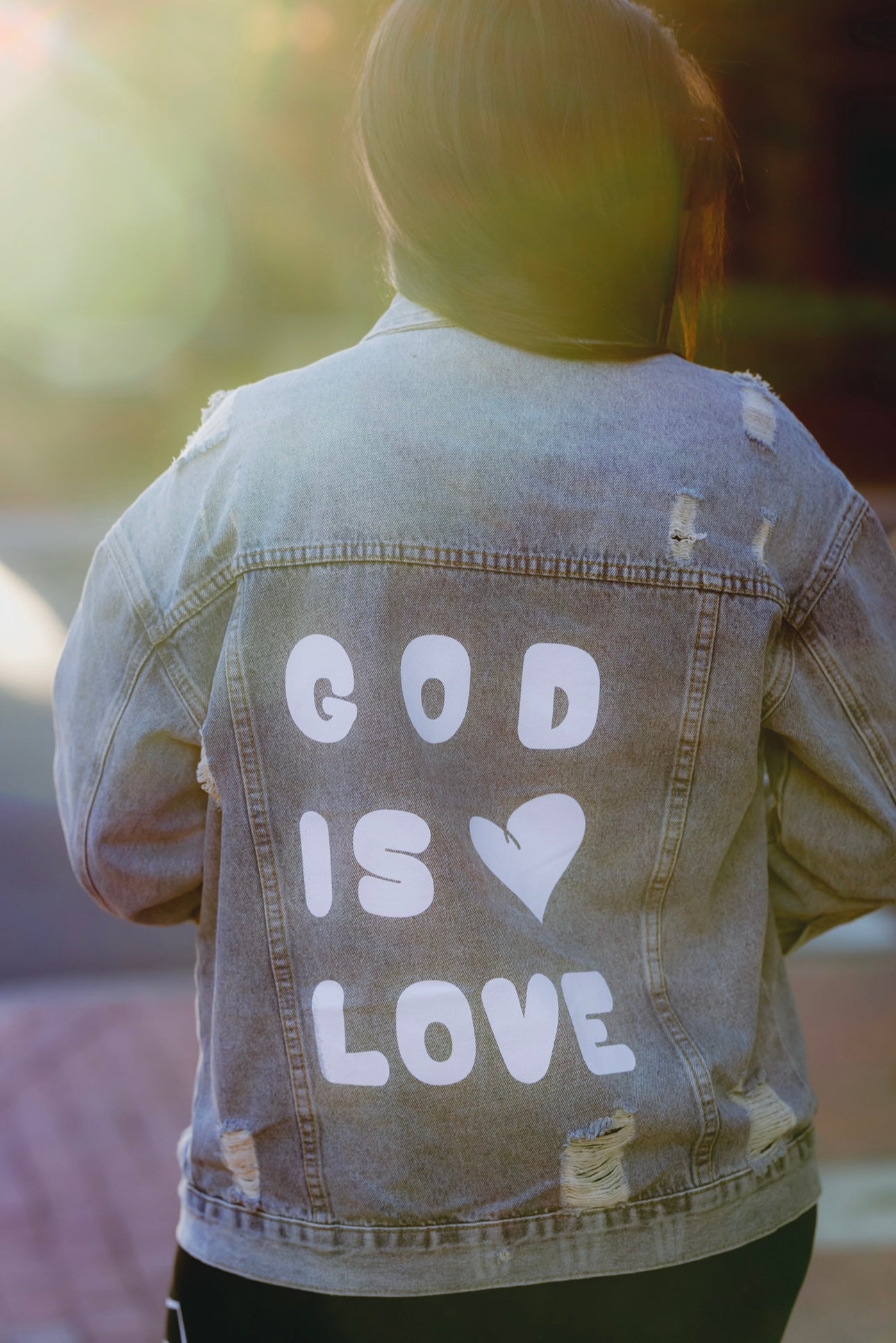 GOD IS LOVE JACKET (washed and distressed classic denim)