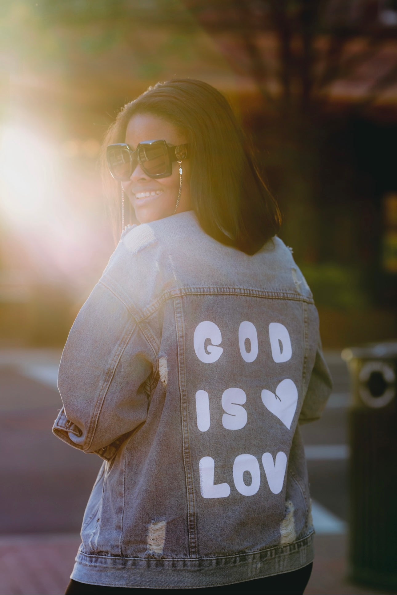 GOD IS LOVE JACKET (washed and distressed classic denim)